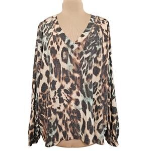 Adora Leopard Print Long Sleeve V-Neck Tunic Top Large Safari Casual Lounge